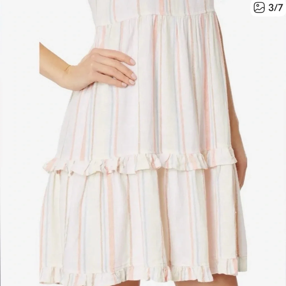 Bobi LA Square Neck Tiered -SZ M- Cream Multicolored Striped Linen Rayon Dress